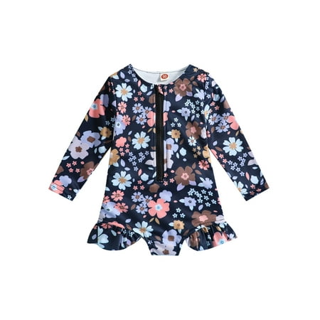 

Canis Kid Baby Girls One Piece Swimsuit Long Sleeve Zipper Swimwear Ruffle Rashguard Bathing Suits Beachwear
