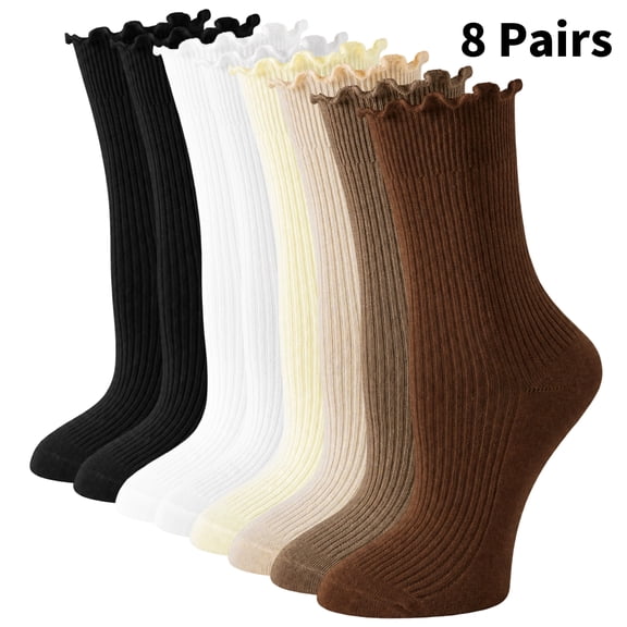 Yawlsow 8 Pairs Ruffle Socks for Women, Cute Frilly Cotton Crew Socks, US Size 5-9