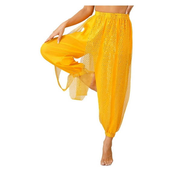 Womens Shiny Sequined Dots Pants Belly Dance Harem Trousers Costume Lantern Pants Semi See-Though Bloomers