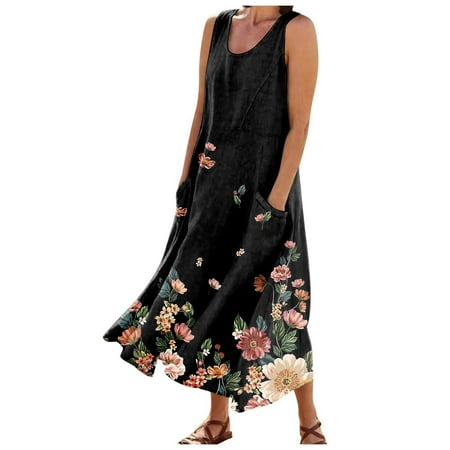 

Qwertyu Vacation Dresses for Women Sexy Flowy Boho Maxi Long Sleeve Dress Floral Tank Long Dress Shoes Sleeveless Cotton Linen Sundresses for Plus Size Women Petite with Pockets Green L