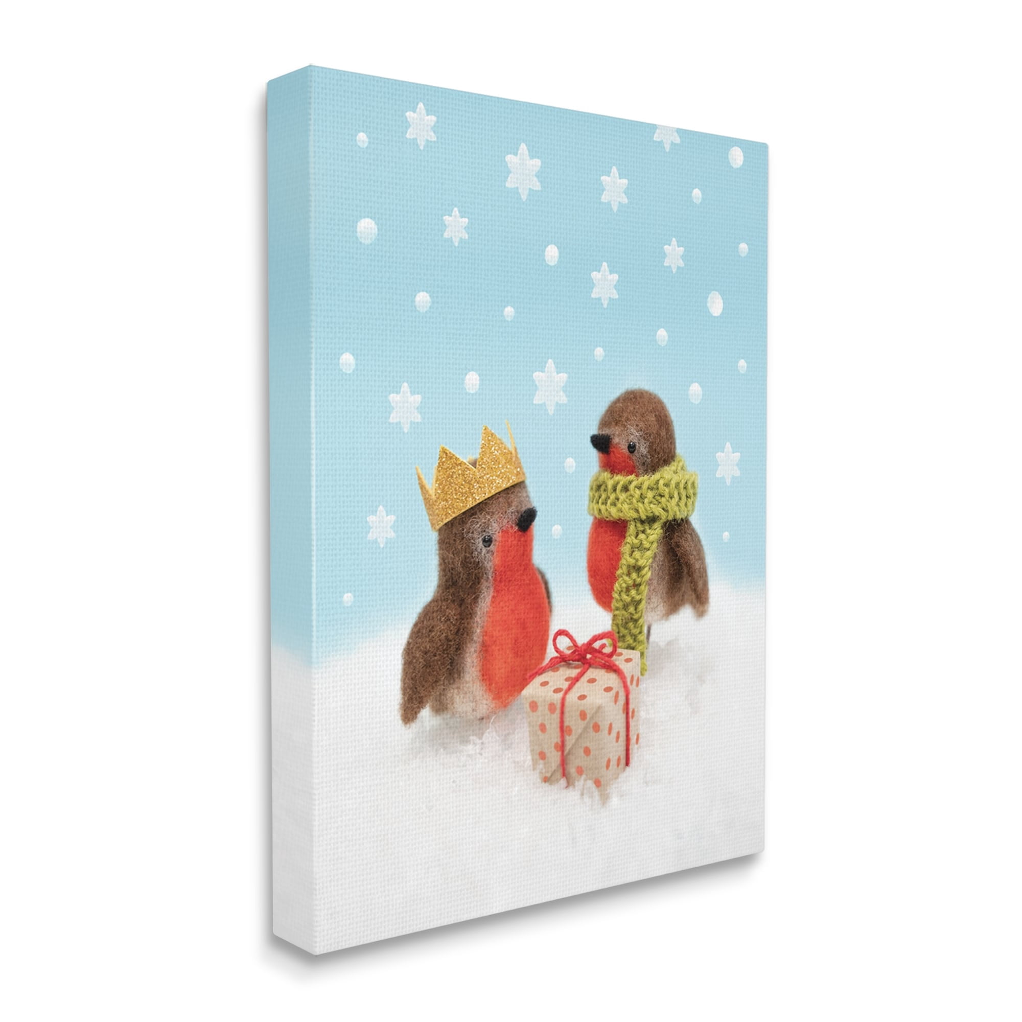 Stupell Industries Birds Gift Giving Christmas Snow Holiday Photography Gallery Wrapped Canvas Print Wall Art