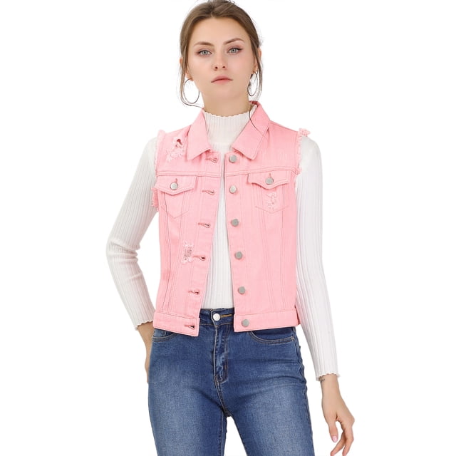Unique Bargains Women's Turn Down Collar Button Denim Washed Vest