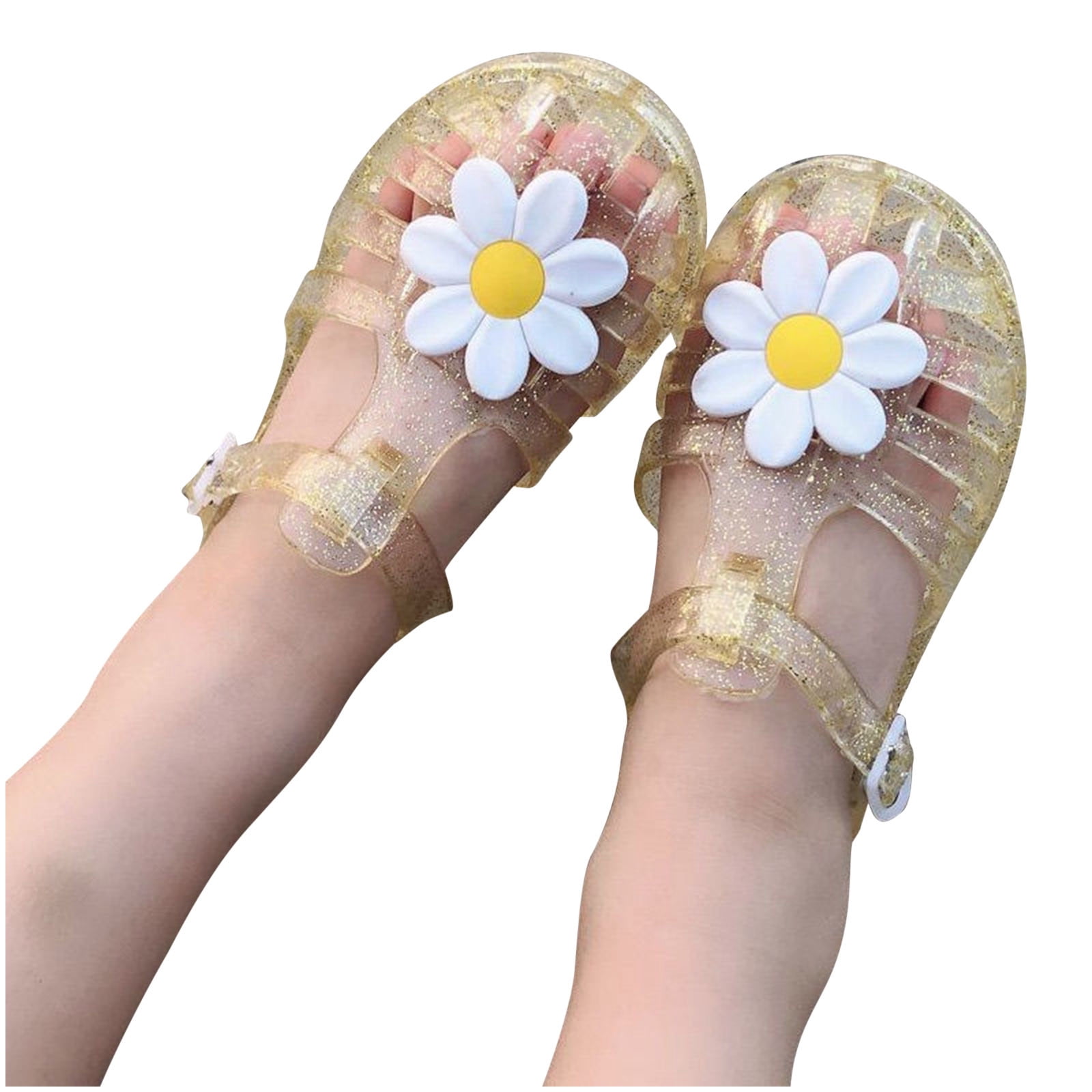 Fridja Toddler Sandles Girls Jelly Sandals Rubber Sole Closed Toe Princess Flat Flower Summer Shoes, Orange, 2-9 Years Old
