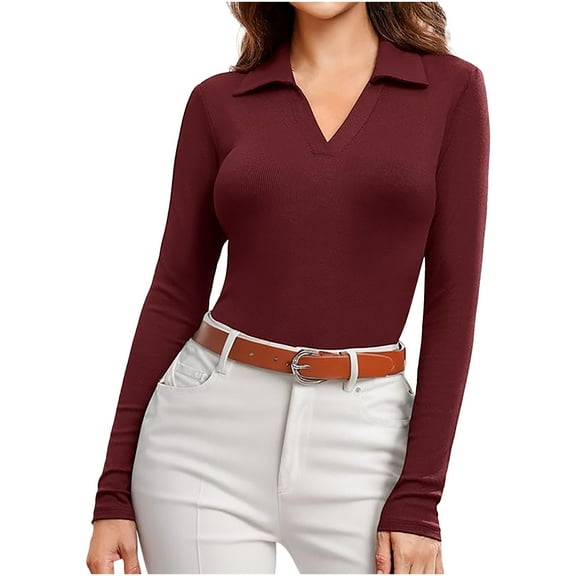 HongQid Womens Lapel Shirts Long Sleeve Business Casual Tops Collared V Neck Ribbed Knit Sweater Slim Fit Blouses