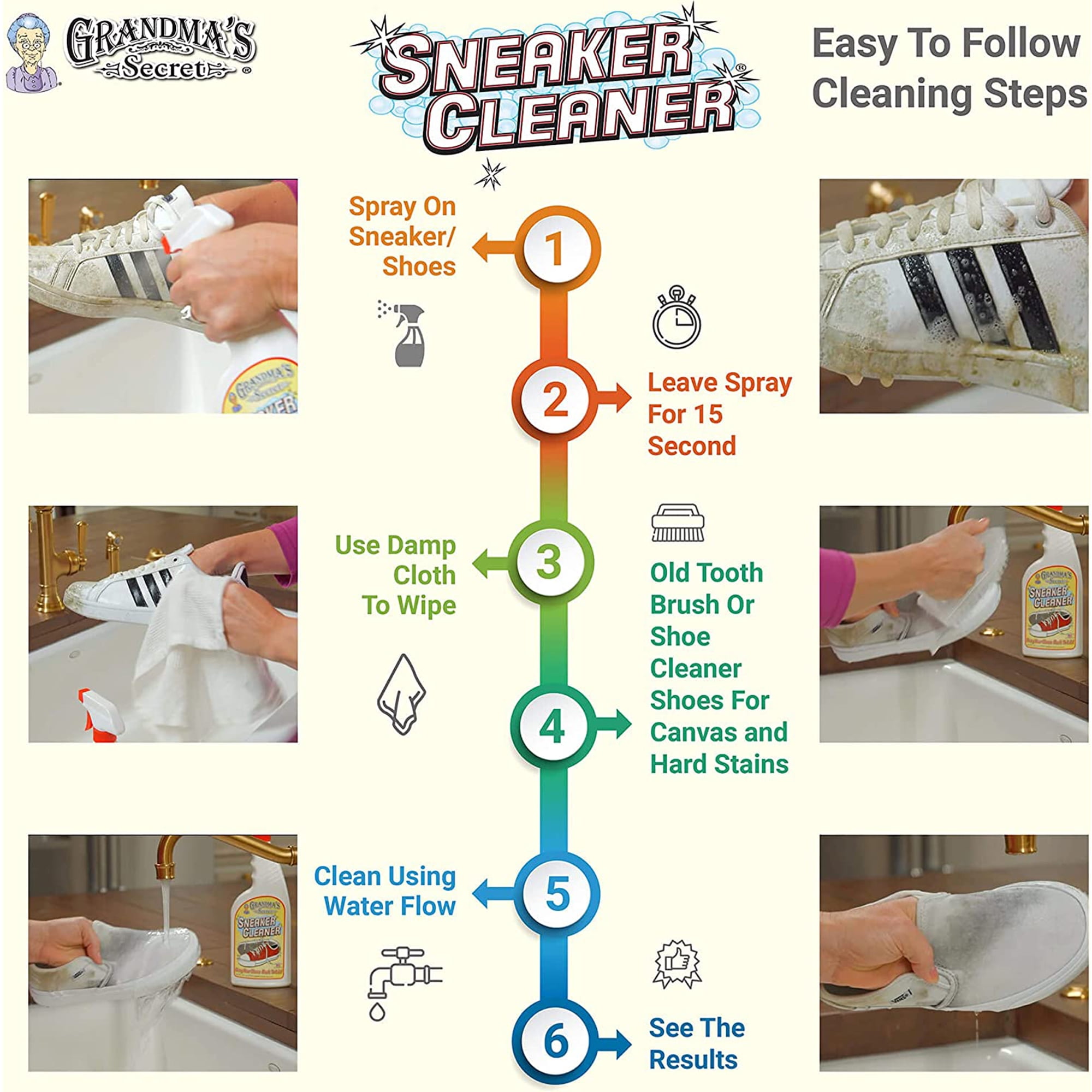 Grandma's Secret Sneaker Cleaner Stain Remover Shoe Cleaner for Rubber, Canvas, Leather 3oz 3 Pack, Size: 3 fl oz, Yellow