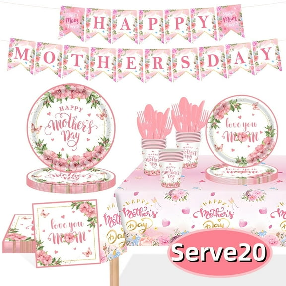 Mother's Day Dinnerware Set,Disposable Plates Cups Napkins Banner Tableware Banner for Mothers Day Party Decorations Serve 20