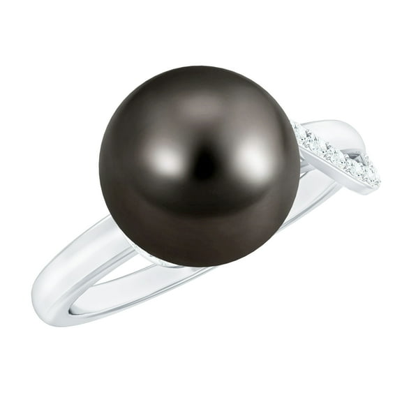 Rosec Jewels Black Tahitian Pearl Solitaire Ring with Diamond, Designer Ring (10 mm, 7.75 CT), 925 Sterling Silver, US 4.00