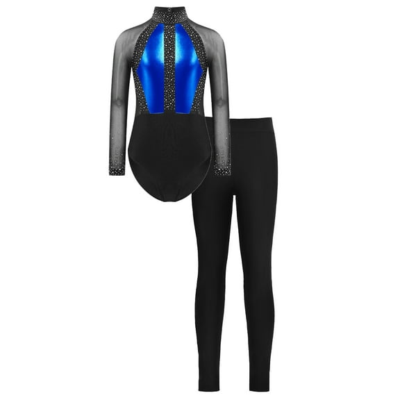 iiniim Girls Dance Unitard Ice Skating Outfits Long Sleeve Gymnastics Leotard with Yoga Leggings Pants Set Activewear Blue 14