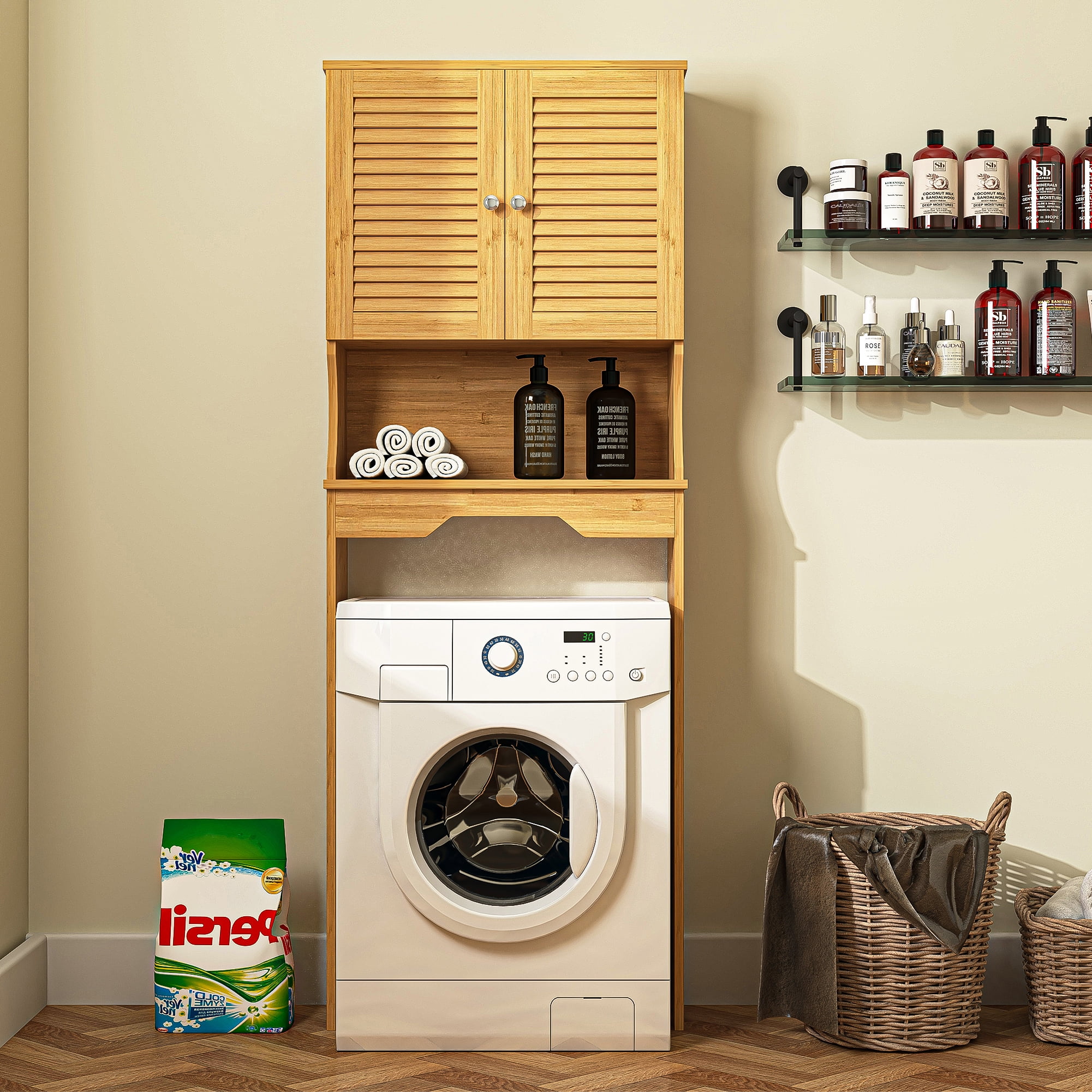 Kadyn Bathroom Space Saver Cabinet, Over The Toilet Storage Cabinet with Double Doors and 1 Adjustable Shelf, W Bathroom Space Saver for Home, Natural