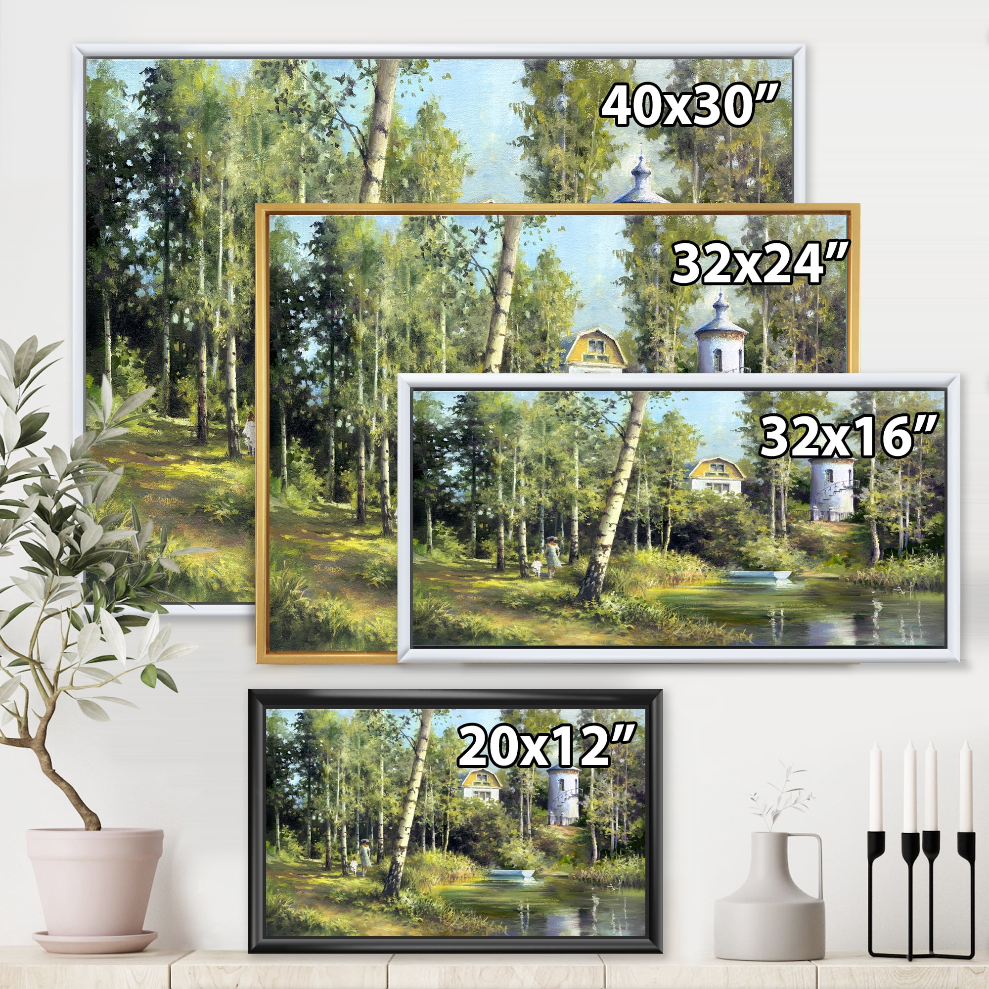 Designart 'The Wood River With Boat On A Decline By The Castle' Lake House Framed Canvas Wall Art Print