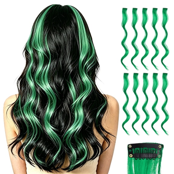 Uxcell 10 Pcs Colored Clip in Hair Extensions, 22 Inch Curly Hair Wavy Extensions for Women Girls Highlights Synthetic Wig for Party Cosplay Daily Hair Styling, Green