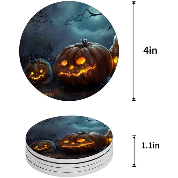 FMSHPON Halloween Pumpkin Horro Full Moon Night Set of 4 Round Coaster for Drinks, Absorbent Ceramic Stone Coasters Cup Mat with Cork Base for Home Kitchen Room Coffee Table Bar Decor