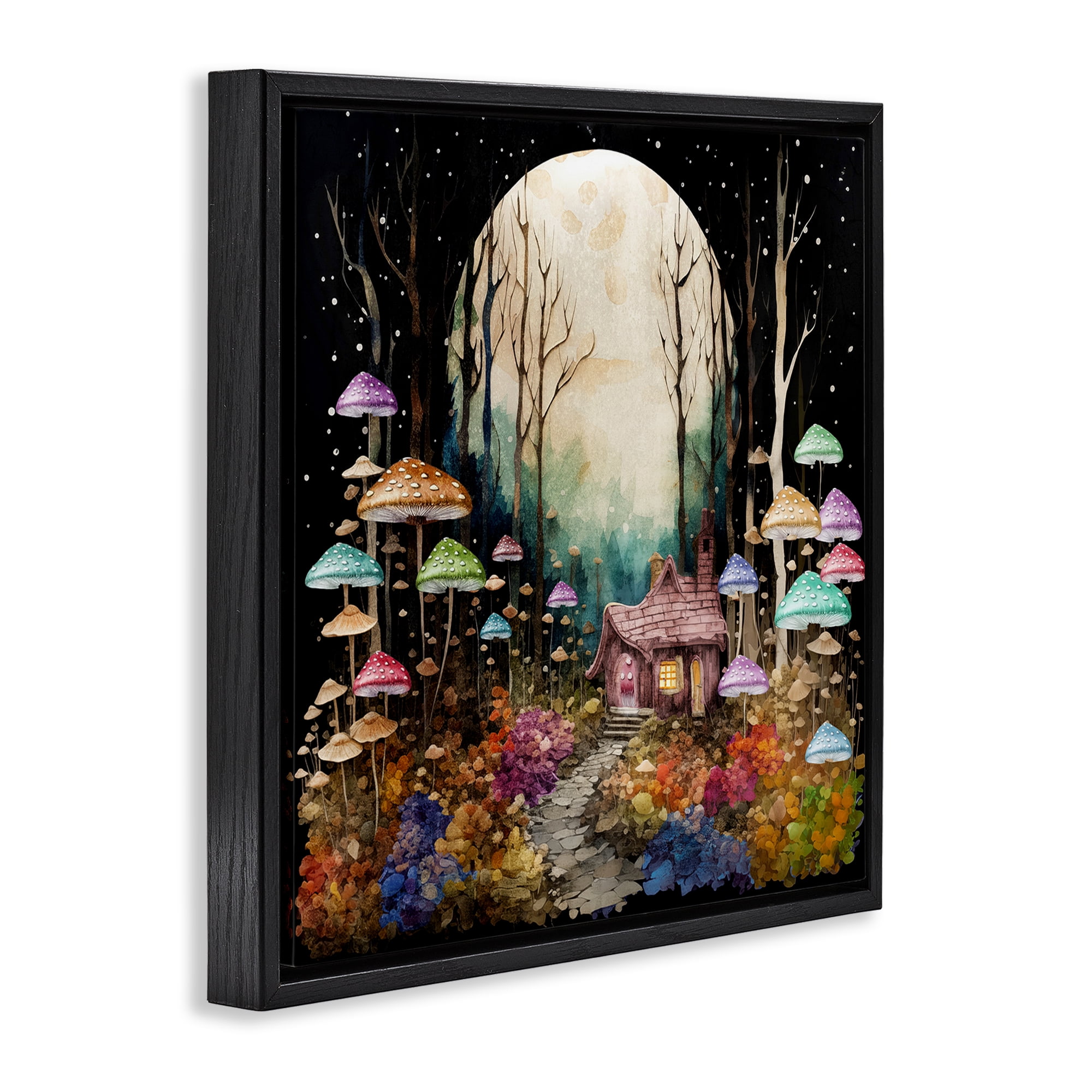 Stupell Industries Quirky Mushroom Forest Landscape & Nature Painting Black Floater Framed Canvas Art Print Wall Art, 25 x 25