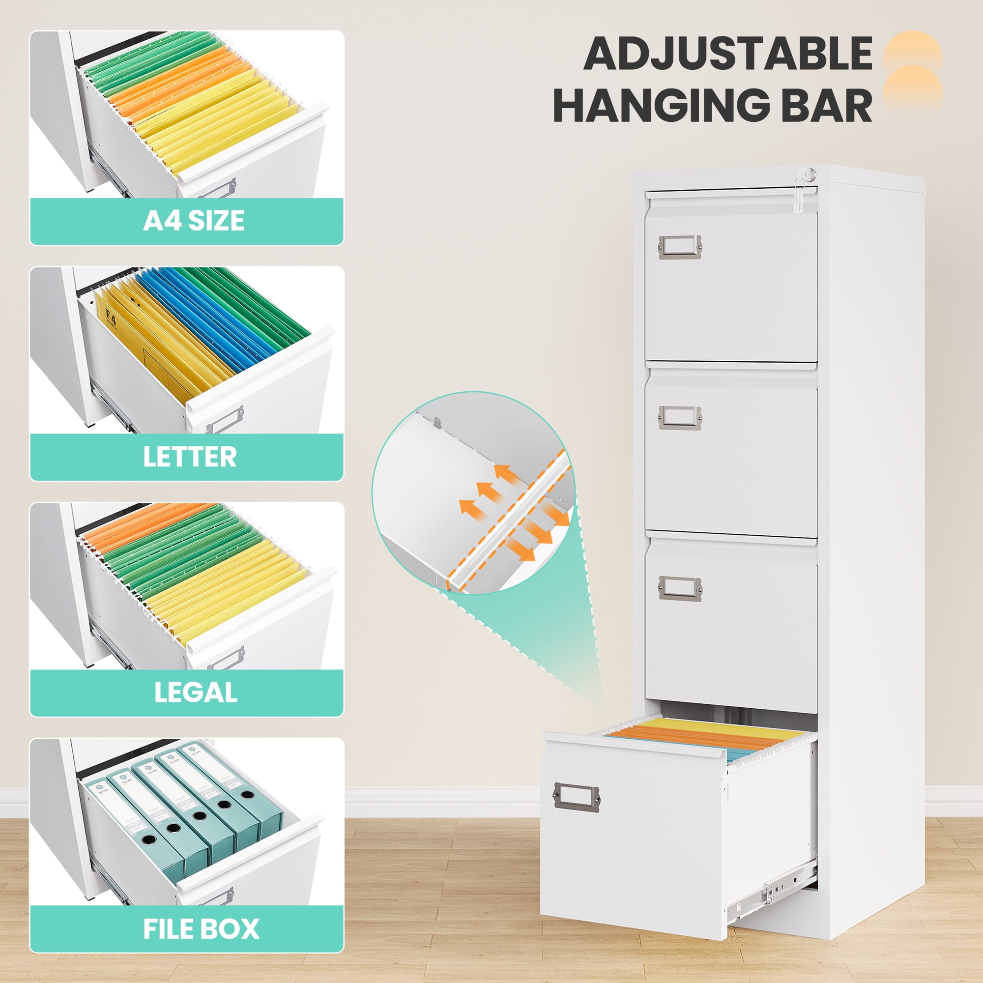 STANI 4 Drawer White File Cabinet with Lock, Vertical Filing Cabinets for Home Office, Metal Locking Office File Storage Cabinets with Drawers for Legal/A4