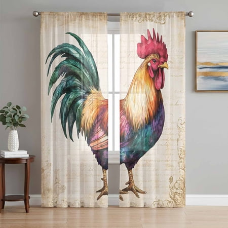 Farmhouse Rooster Sheer Curtains 84 Inch Length 2 Panels Set Vintage Country Animal Prints Voile Window Treatment Rod Pocket Curtains Sheers Drapes for Bedroom/Living Room/Kitchen 52 x84 x2