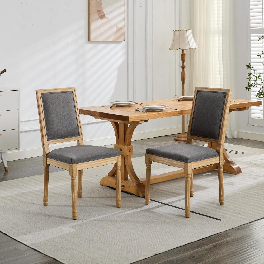 French Dining Chairs Set of 2, Louis Style Upholstered Chairs with Square Backrest, Carved Solid Wood Frame, Linen Fabric, Gray