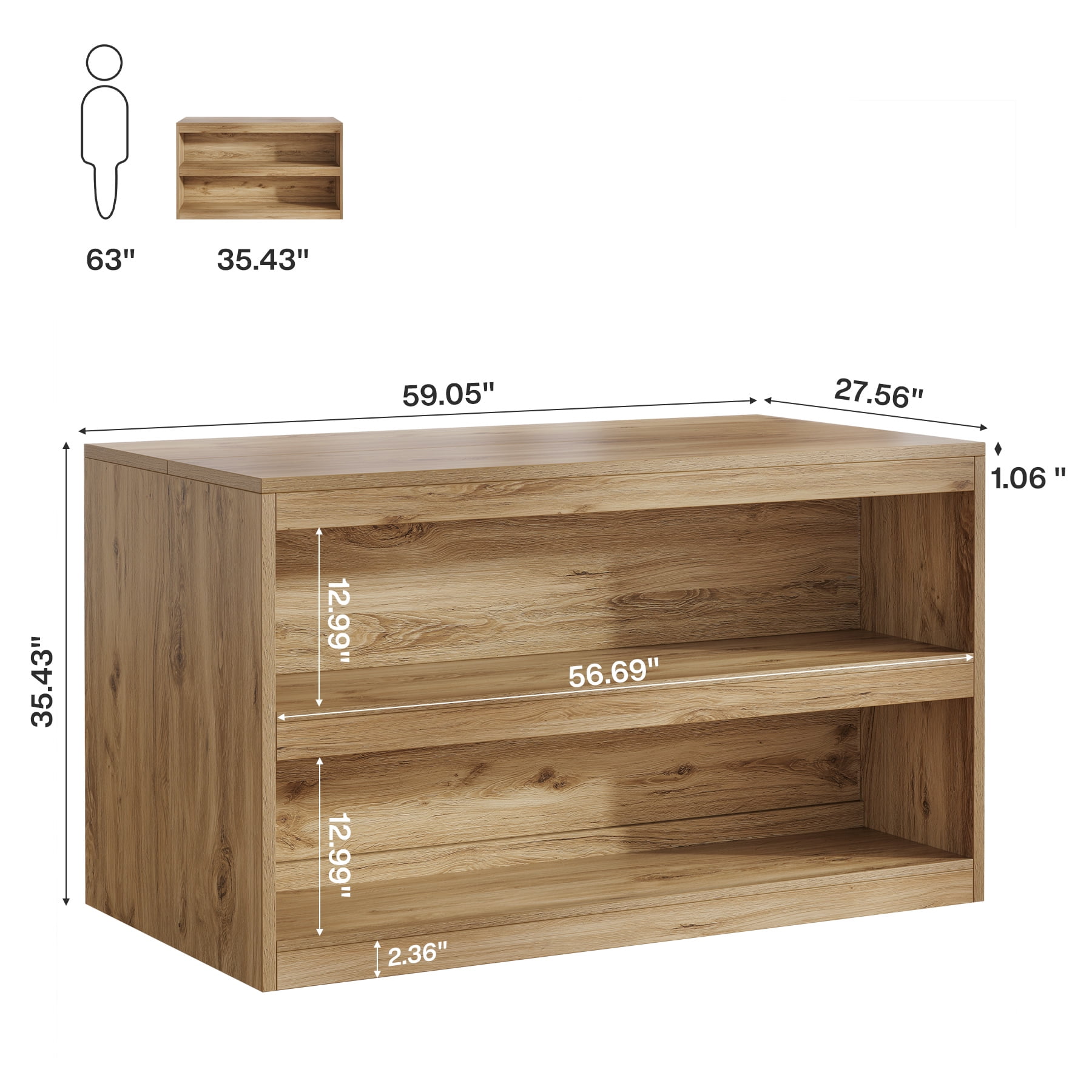 Finmind 59-inch Kitchen Island with Storage, 3-Tier Farmhouse Stationary Island Table with Spaciouse Tabletop and Seating Area for Dining Room, Kitchen, Light Wood