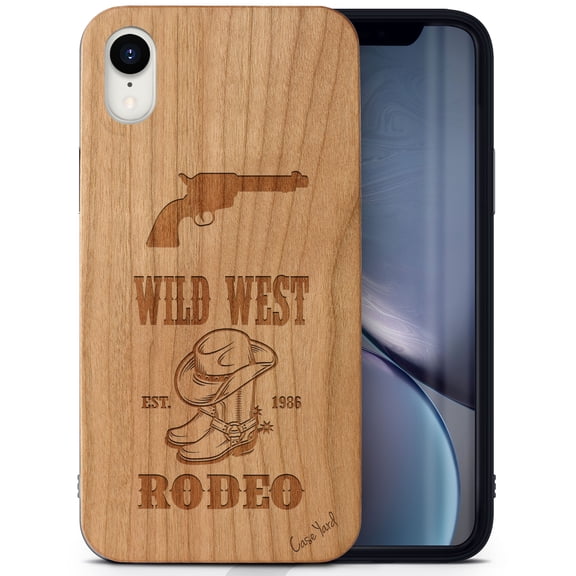 Case Yard Wooden Case Outside Soft TPU Silicone, Slim Fit Shockproof Wood Protective Phone Cover for Girls Boys Men and Women, Supports Wireless Charging Wild West Rodeo Design case for iPhone-XR