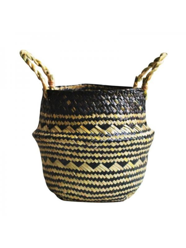 Folding Straw Wicker Storage Basket Dual Handle Plant Basket Decorative