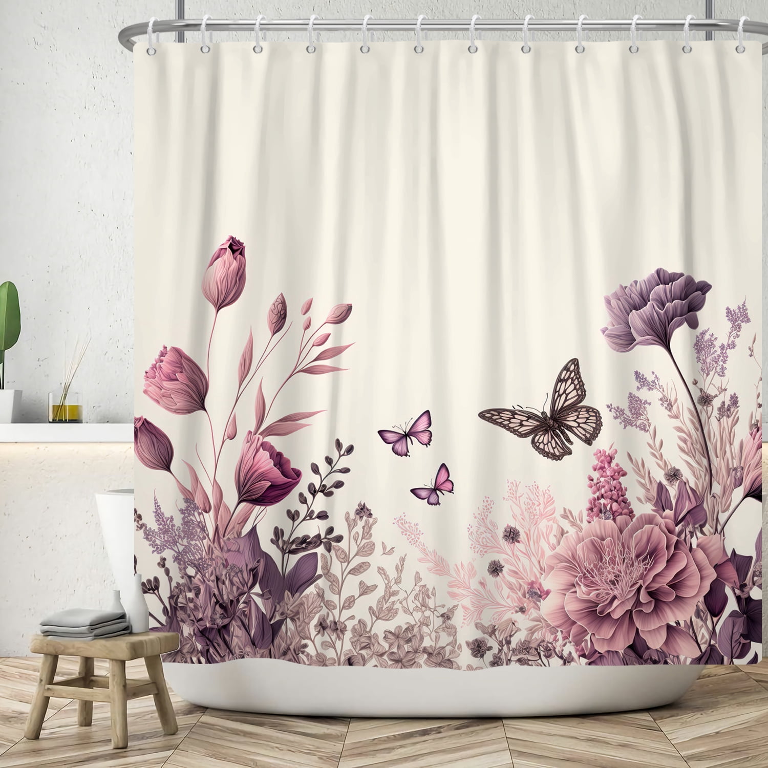 Mizhona Vintage Floral Shower Curtain with Butterfly for Bathroom Waterproof Polyester Pretty Elegant Washable 72"x78"