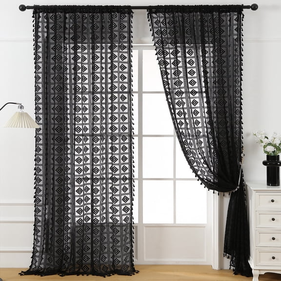 Sunyuer Black Boho Textured Tassel Sheer Lace Curtains, Chic Crochet Geometry Knitting Rod Pocket Window Drapes for Living Room Bedroom, 2 Panels, 102" L x 55" W
