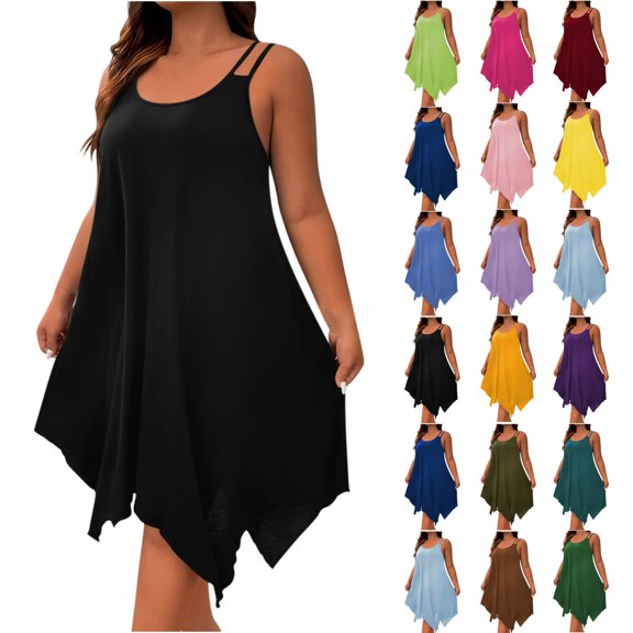 Women Tank Dress Fashion Plain Flowy Plus Size Handkerchief Hem Summer Solid Color Beach Vacation Casual V Neck Loose Sleeveless Beach Mini Dresses for Curvy Women