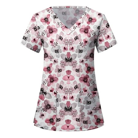 

Frostluinai Savings Clearance Women s Working Uniform Nursing Uniform Scrubs Top Womens Top With Two Pockets Floral Printed Short Sleeve V-neck Tee