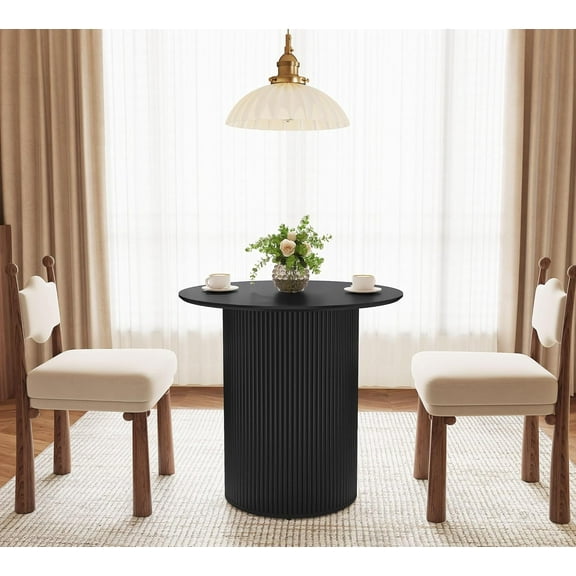 31.5 inch Round Dining Table for 2, Farmhouse Wood Fluted Dinner Round Kitchen Table with Wood Fluted Base, Mid-Century Modern Small Circle Dining Room Ta ble for Kitchen Living Room (Black)