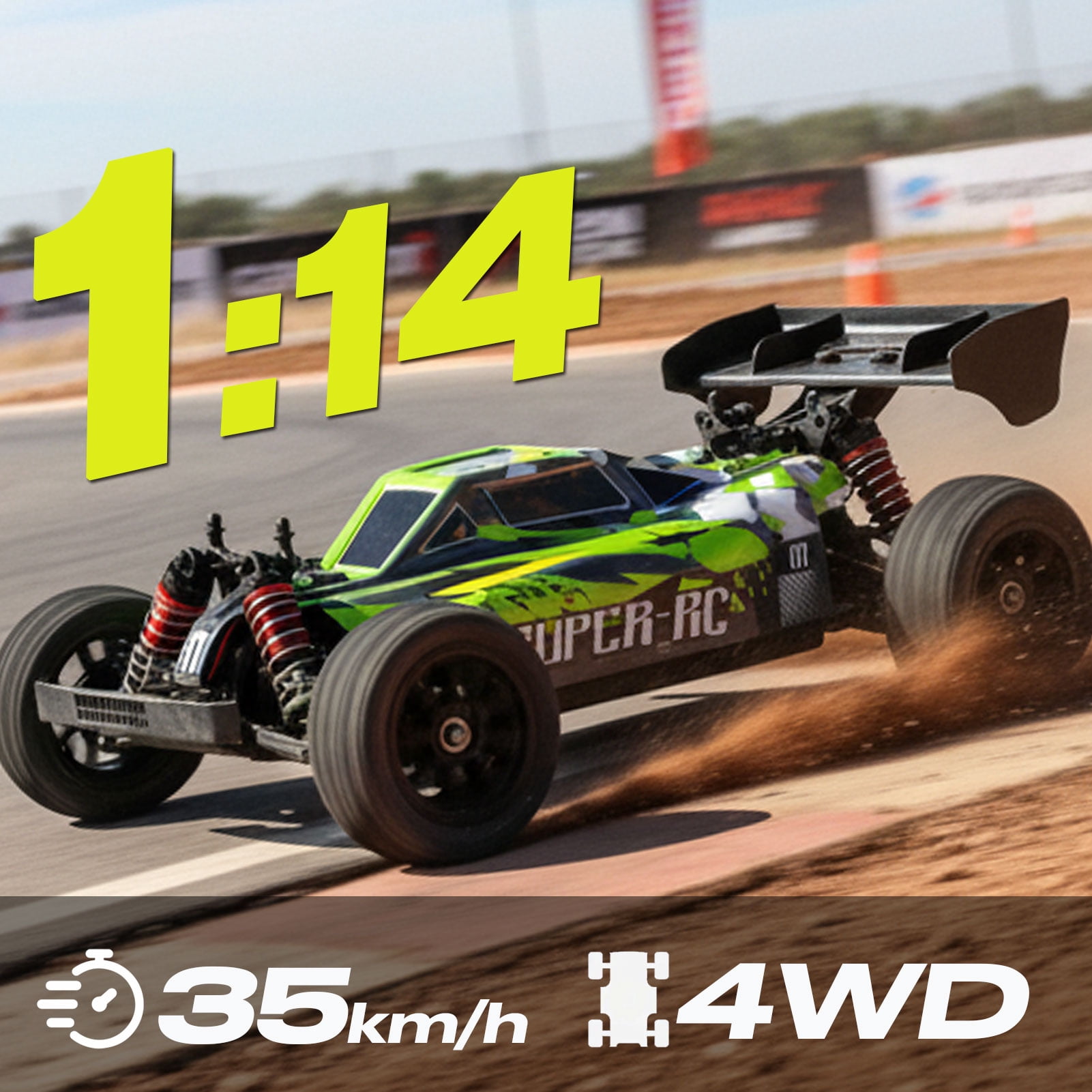 All Terrain 1:14 Scale 4WD Off Road High Speed RC Monster Truck, 35KM/H Fast Racing Car, Dual Batteries, Proportional Steering, LED Lights