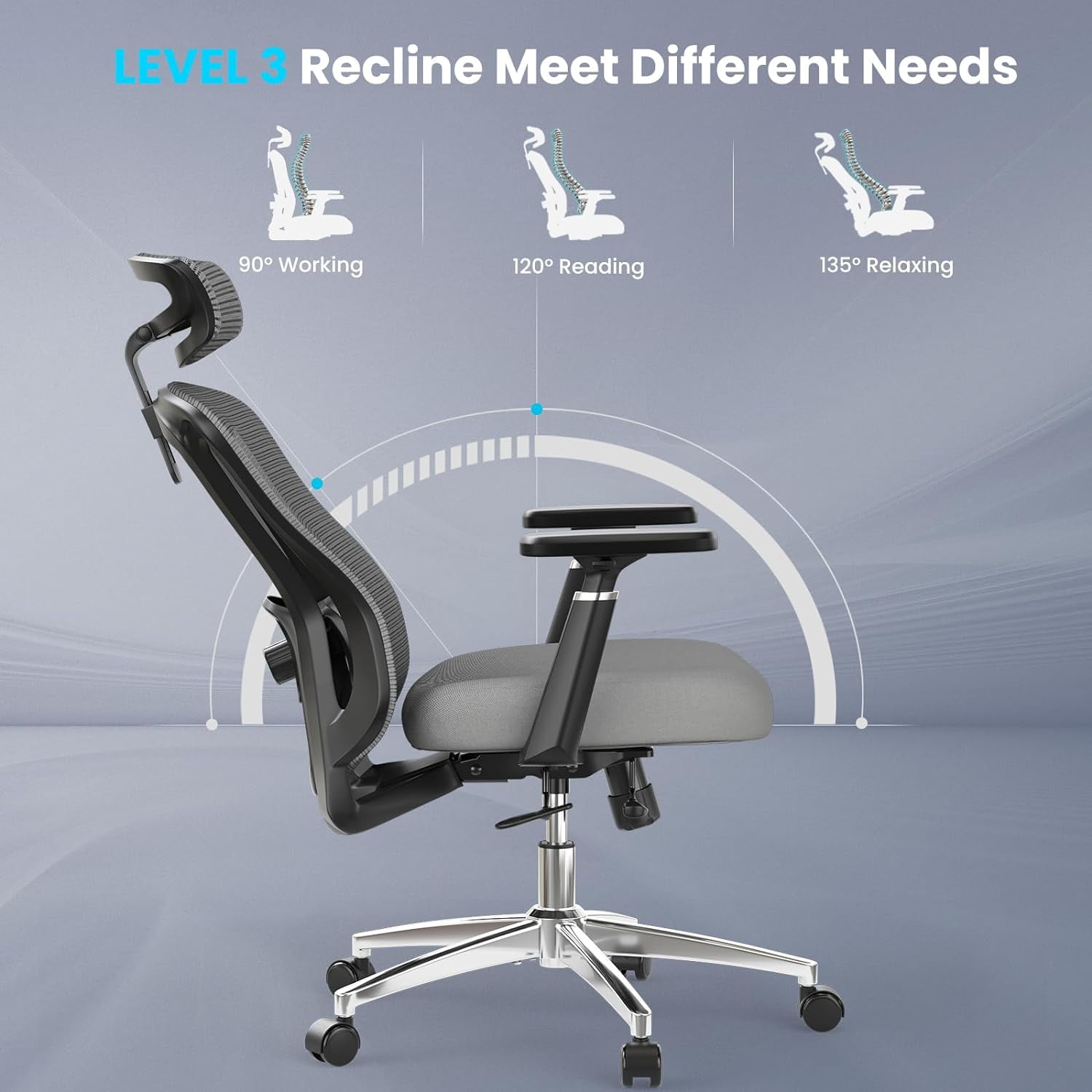 STARY High-Back Ergonomic Office Chair, Computer Desk Chair with Adjustable Seat Depth, 3D Armrests & Headrest, for Home or Office Use, Black & Grey