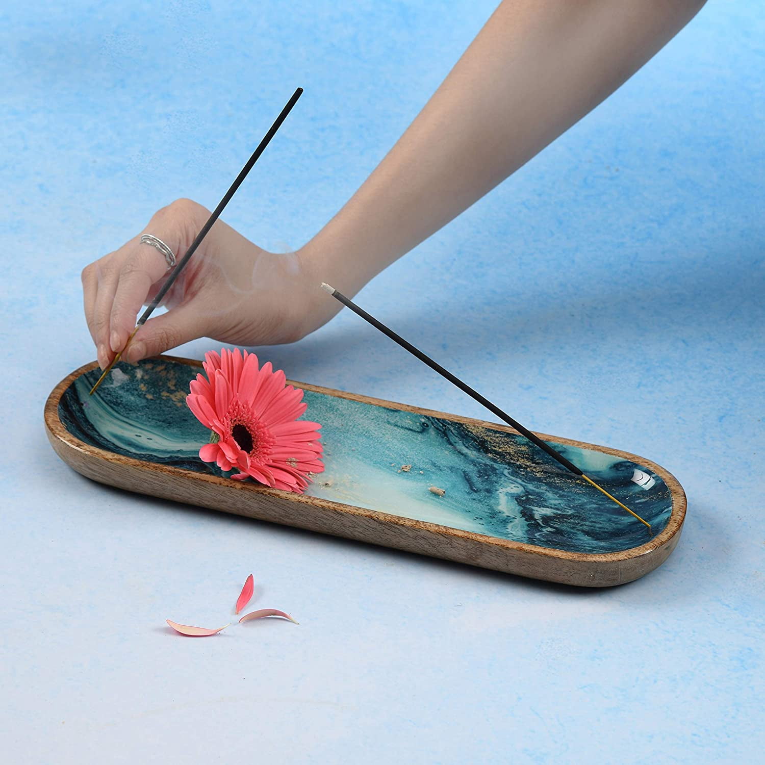 Folkulture Incense Holder or Incense Burner Holder, 12 inch, Blue, Modern Insence Ash Catcher