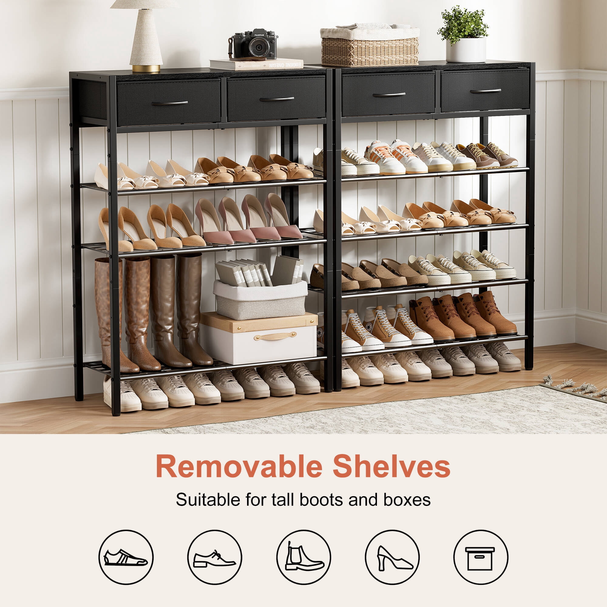BGTREND 5-Tier Shoe Rack Organizer with Wooden Top and 2 Fabric Drawers, Shoe Stand Shelf for Entryway Hallway, Black
