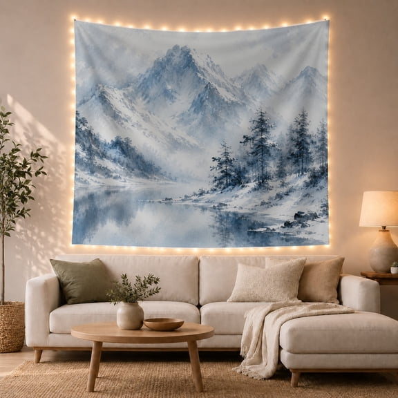 Snowy Mountain Peaks with Evergreen Trees in Winter, Serene Watercolor for Nature Lovers, Nature Inspired Art, Housewarming Gift, Tapestry Wall Hanging for Bedroom and Living Room