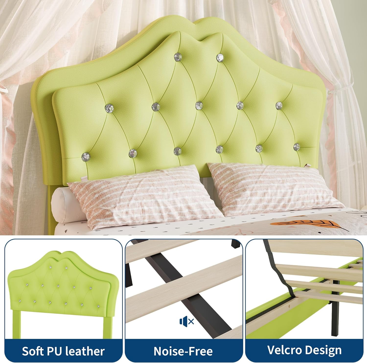 Twin Size Bed Frame with LED Lights & Velvet Upholstered Girls Platform Bed with Storage Drawers,No Box Spring Needed,Easy Assembly, Noise Free,Green