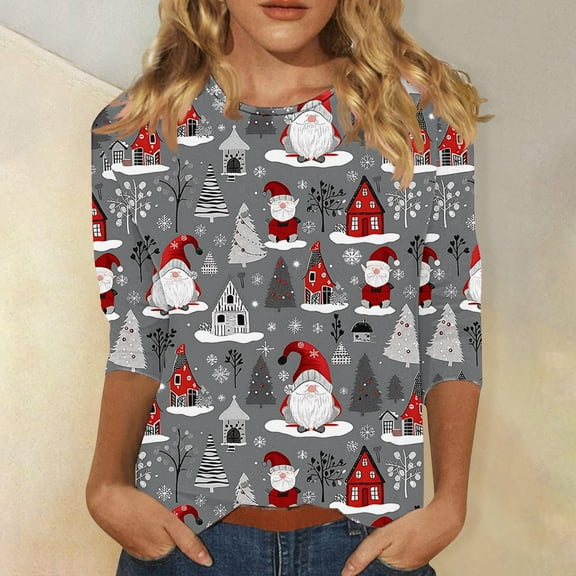 VKOYWKM Merry Christmas T Shirts for Women Christmas Graphic Tees 3/4 Length Sleeve Fall Tops Holiday Crew Neck Xmas Blouses