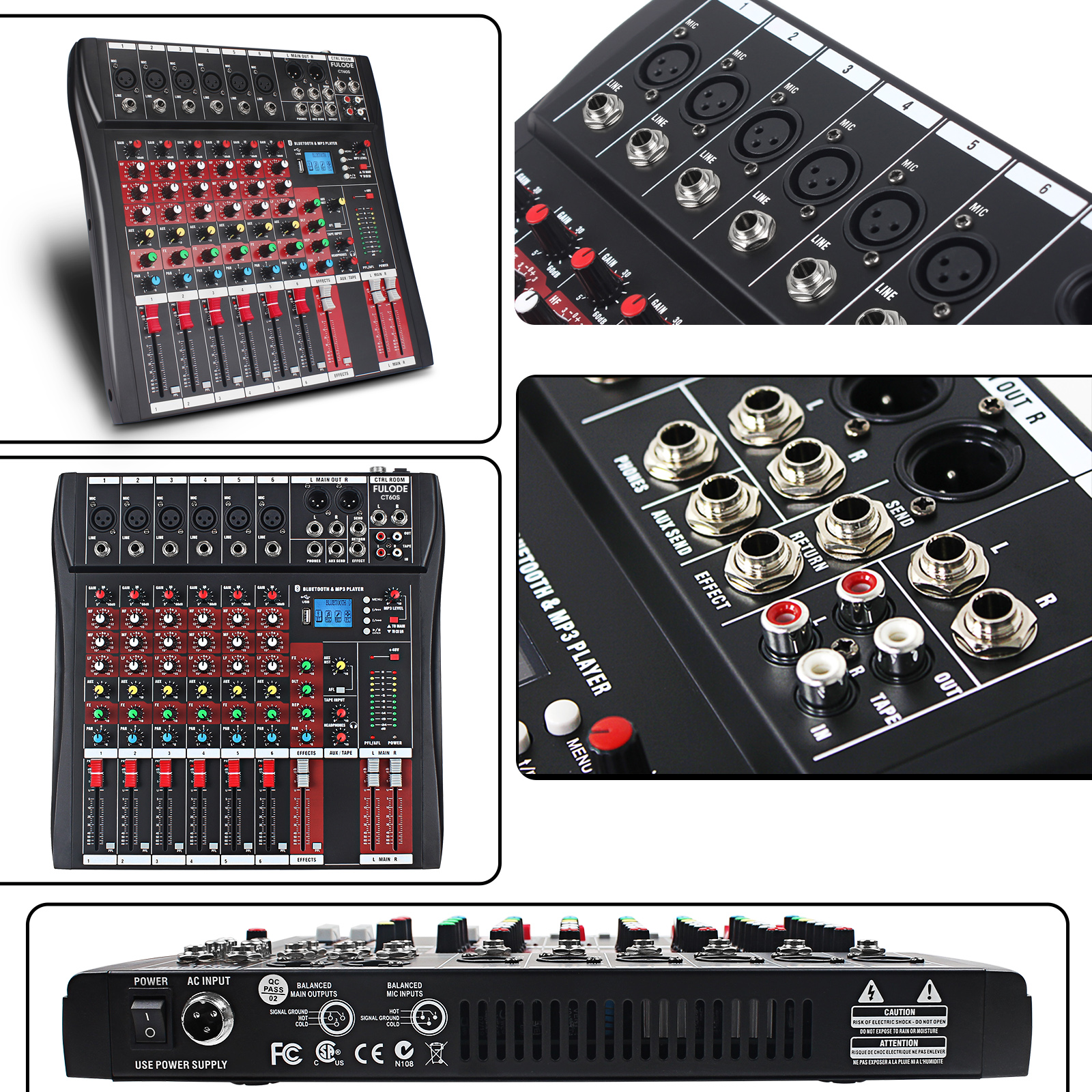 FULODE CT60 6-channel Professional mixer audio Bluetooth U disk 48V Phantom Power Source USB recording,dj mixer,Suitable for beginners as well