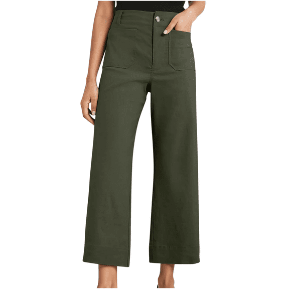 Womens High Waist Cropped Pants with Pockets Dressy Straight Wide Leg Pants Solid Casual Business Work Pants Baggy Pull On Pants