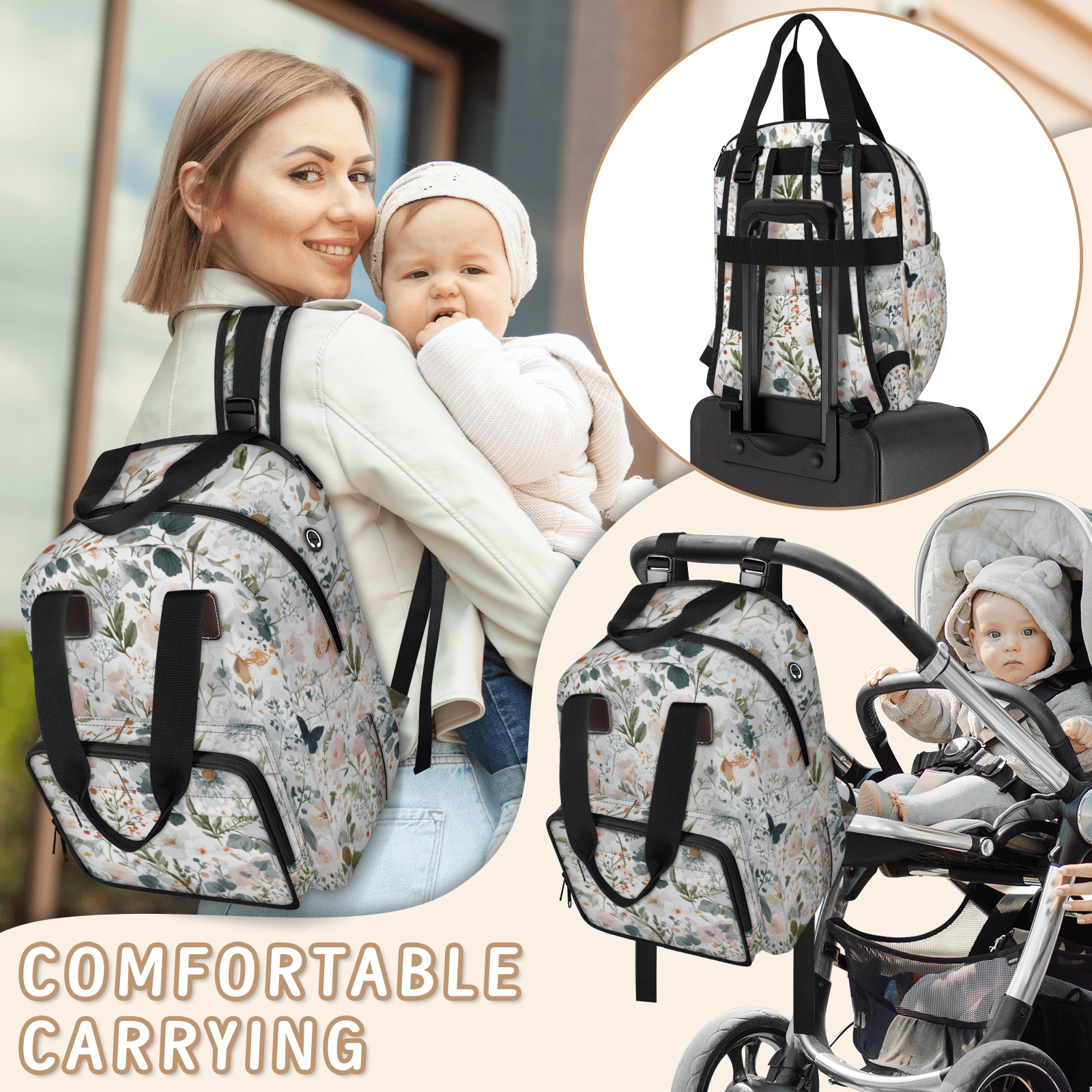 Floral Print Diaper Bag Backpack, Multifunction Baby Travel Backpacks with USB Port, Insulated Pocket, Stroller Straps