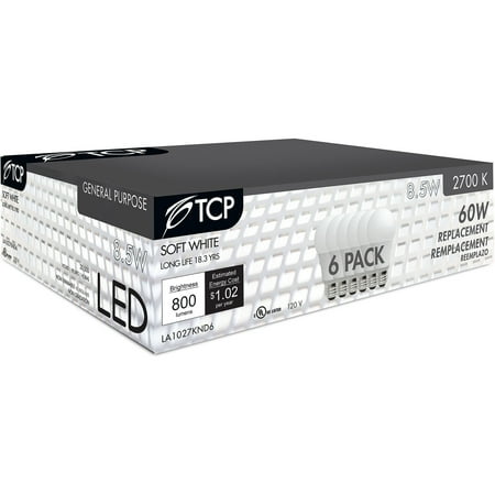 TCP LA1027KND6 LED A19 - 60 Watt Equivalent Soft White (2700K) Light Bulb 6 Pac