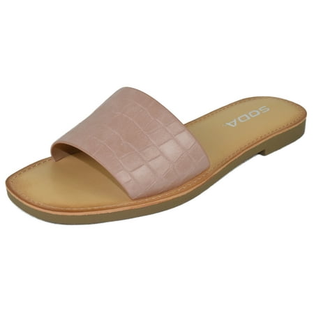 Soda Shoes Women Flip Flops Basic Plain Sandals Casual Slide Slippers Johana-S Crocodile Light Pink Mauve 5.5