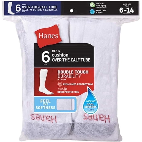 Hanes Over the Calf Men's Polyester Cushioned Socks, White (6)