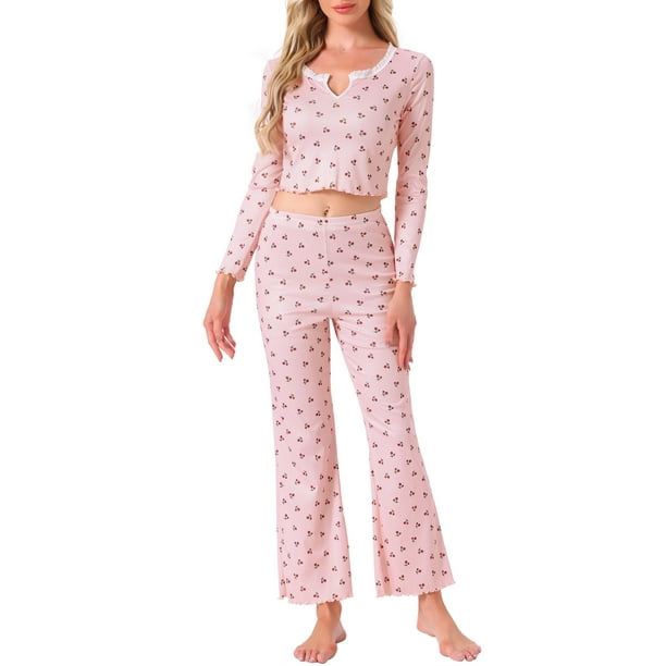 Conjuntos de pijama para mujeres INSPIRE CHIC con estampado de cerezas, blusa de cuello en V con volantes de manga larga y pantalones, ropa de casa de 2 piezas, L Rosa