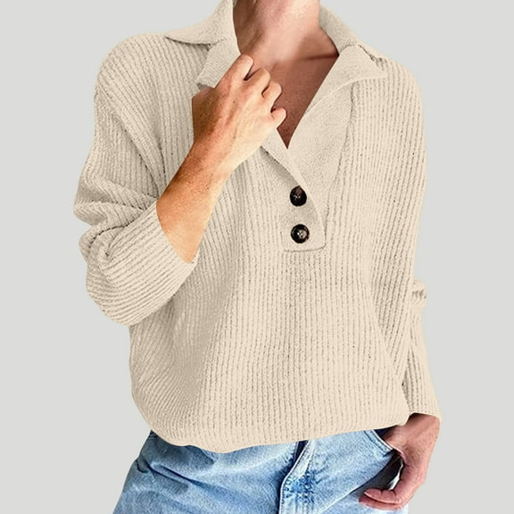 Itsame Women Knitted Sweater V-Neck Knitted Sweaters Long Sleeves New Solid Color Relaxed Lapel Collar Sweatshirts Beige Size XL