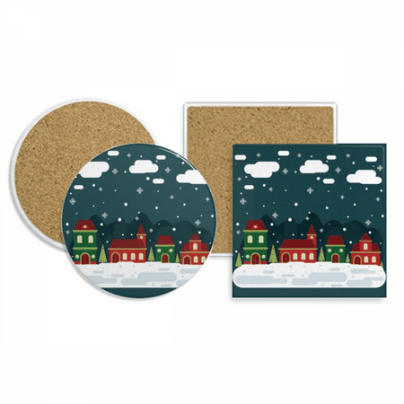 

Snow Snowflake Cloud Tree House Coaster Cup Mug Holder Absorbent Stone Cork Base Set