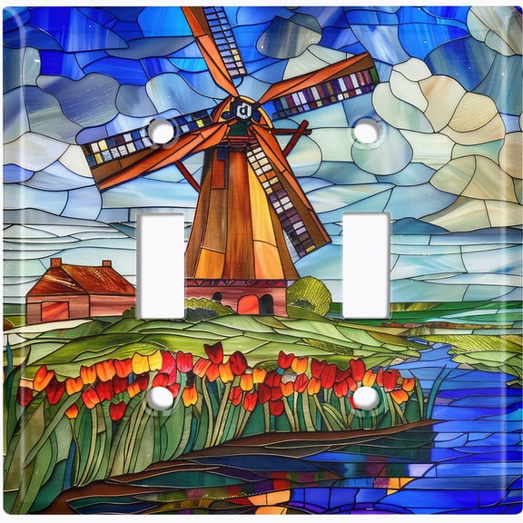Metal Light Switch Wall Plate Outlet Cover (Printed Image of Stained Glass Windmill Landscape - Double Toggle)