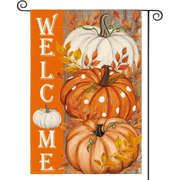 Shmbada Pumpkin Fall Garden Flag 12x18 Inch Double Sided Outside, Welcome Wood Grain Autumn Yard Outdoor Flag
