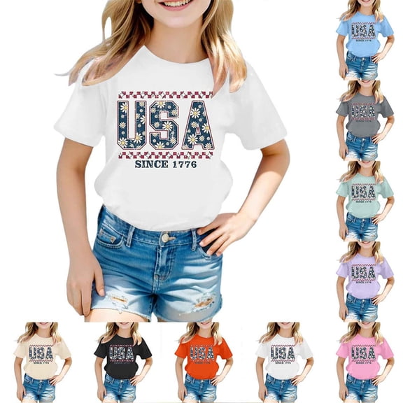 250 Anniversary Usa Shirt Summer Tops Graphic Tees for Girls Stylish Printed Short Sleeve Round Neck Comfortable Casual Daily Everyday Wear Black