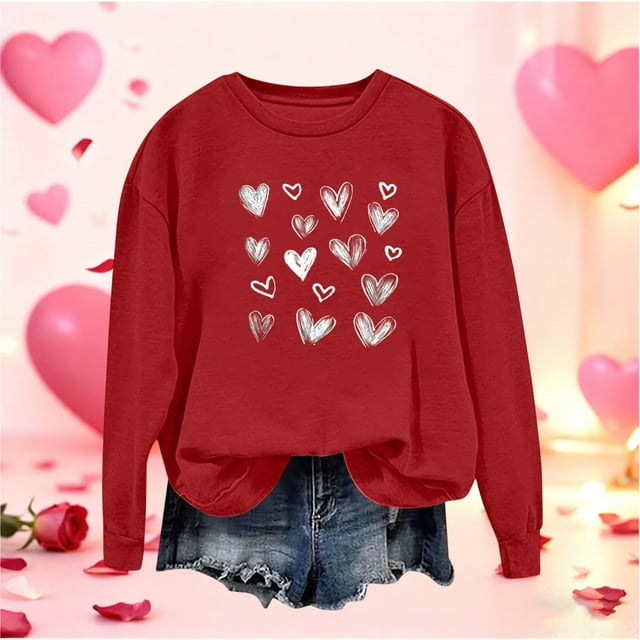 Mceream Chandails de la Saint-Valentin pour Femmes Mode Décontractée Imprimé Cœur Graphique Manches Longues Chemises Surdimensionnées Col Rond Chandail Hauts Grande Taille Rouge m
