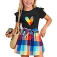 thumbnail image 2 of IFNWSV Girls 2 Piece Outfits Short Sleeve Round Neck Heart Print Top and A Line Plaid Skirt Summer Casual Set Black 9-10 Years, 2 of 7