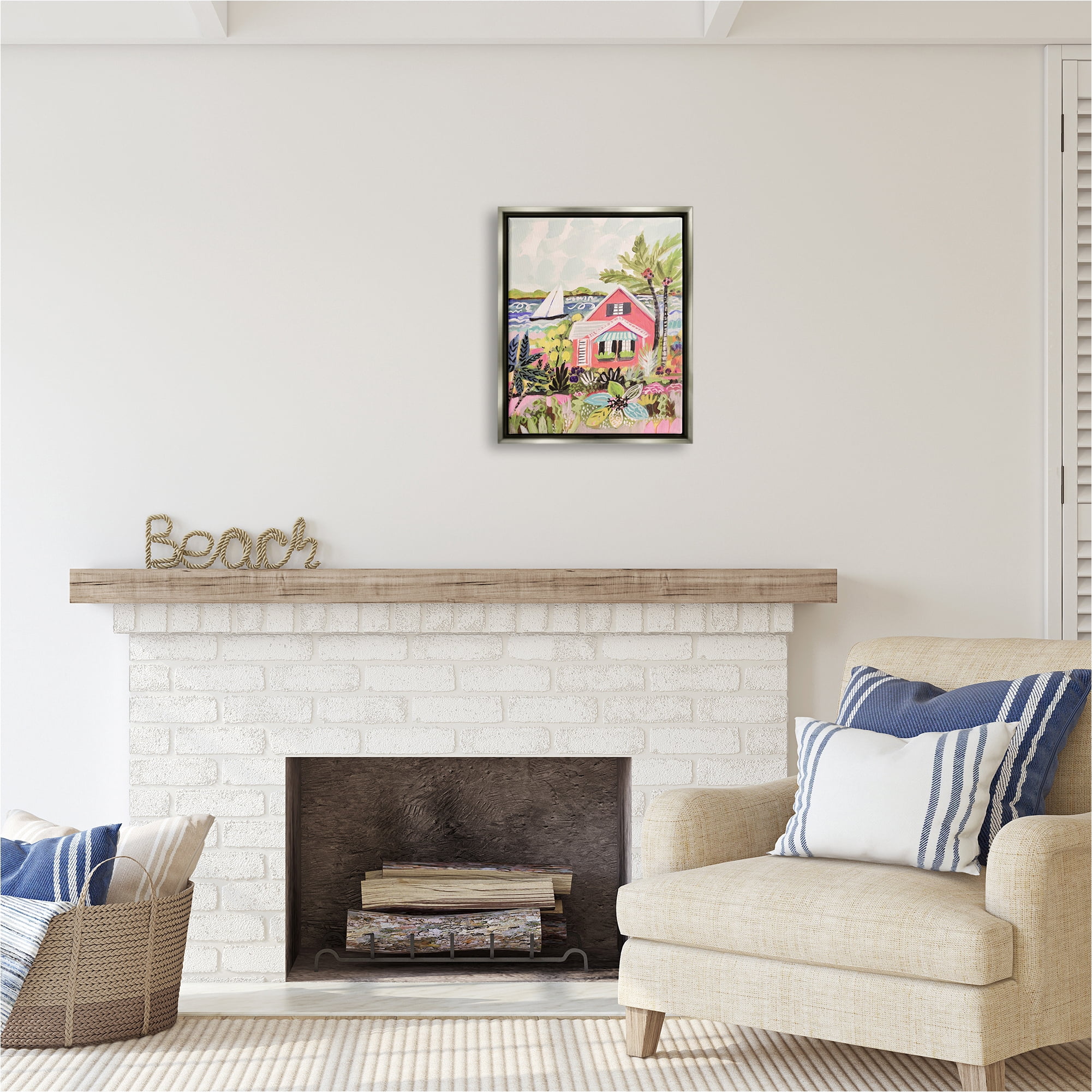 Stupell Industries Tropical Cottage Scenery Landscape Painting Gray Floater Framed Canvas Art Print Wall Art, 17 x 21